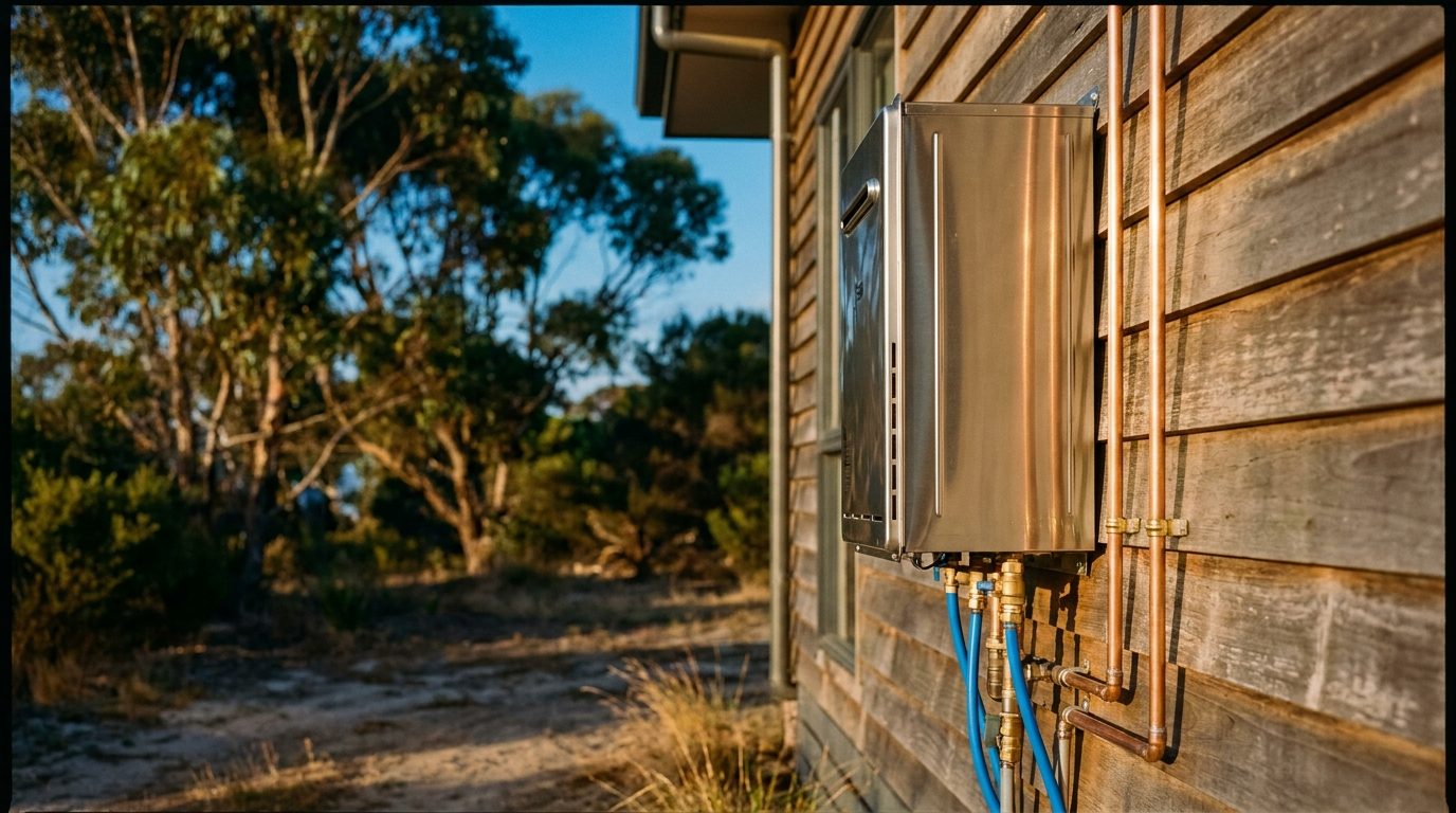 A hot water system on a timber wall at golden hour