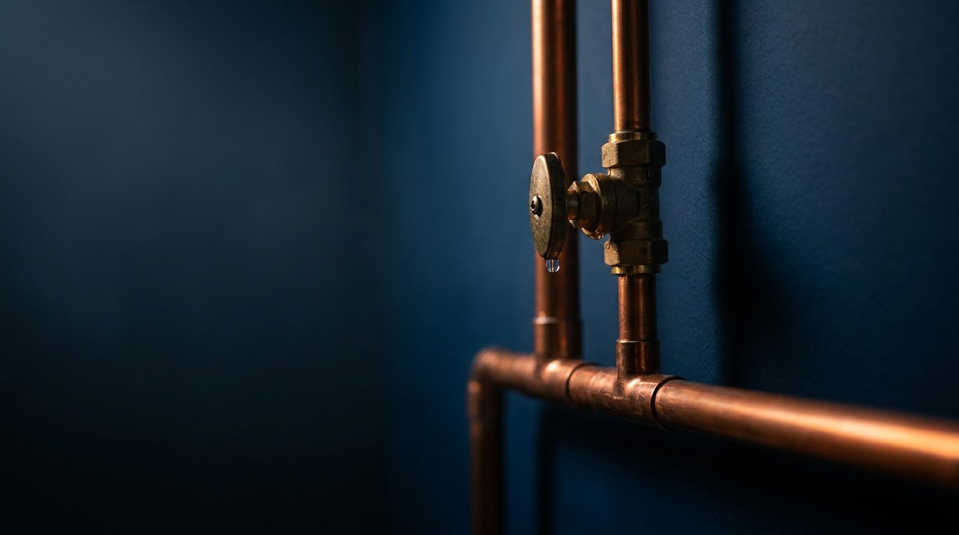 Copper plumbing pipework in warm light