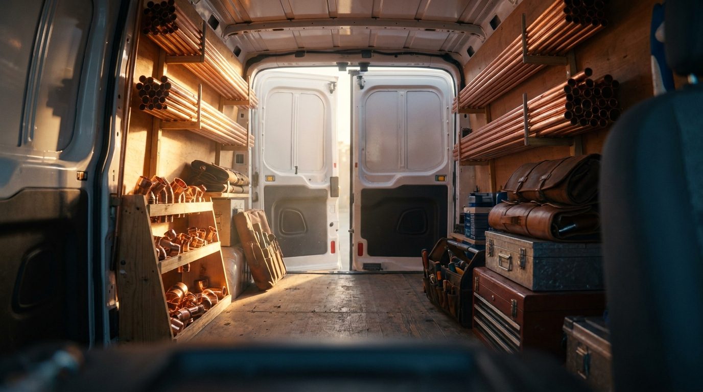 Copper pipe and fittings stacked in a plumber's work van